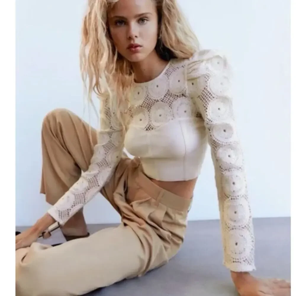 ZARA Combination Crochet Knit Corset Puff Shoulder Top Ivory Cream {F53}
